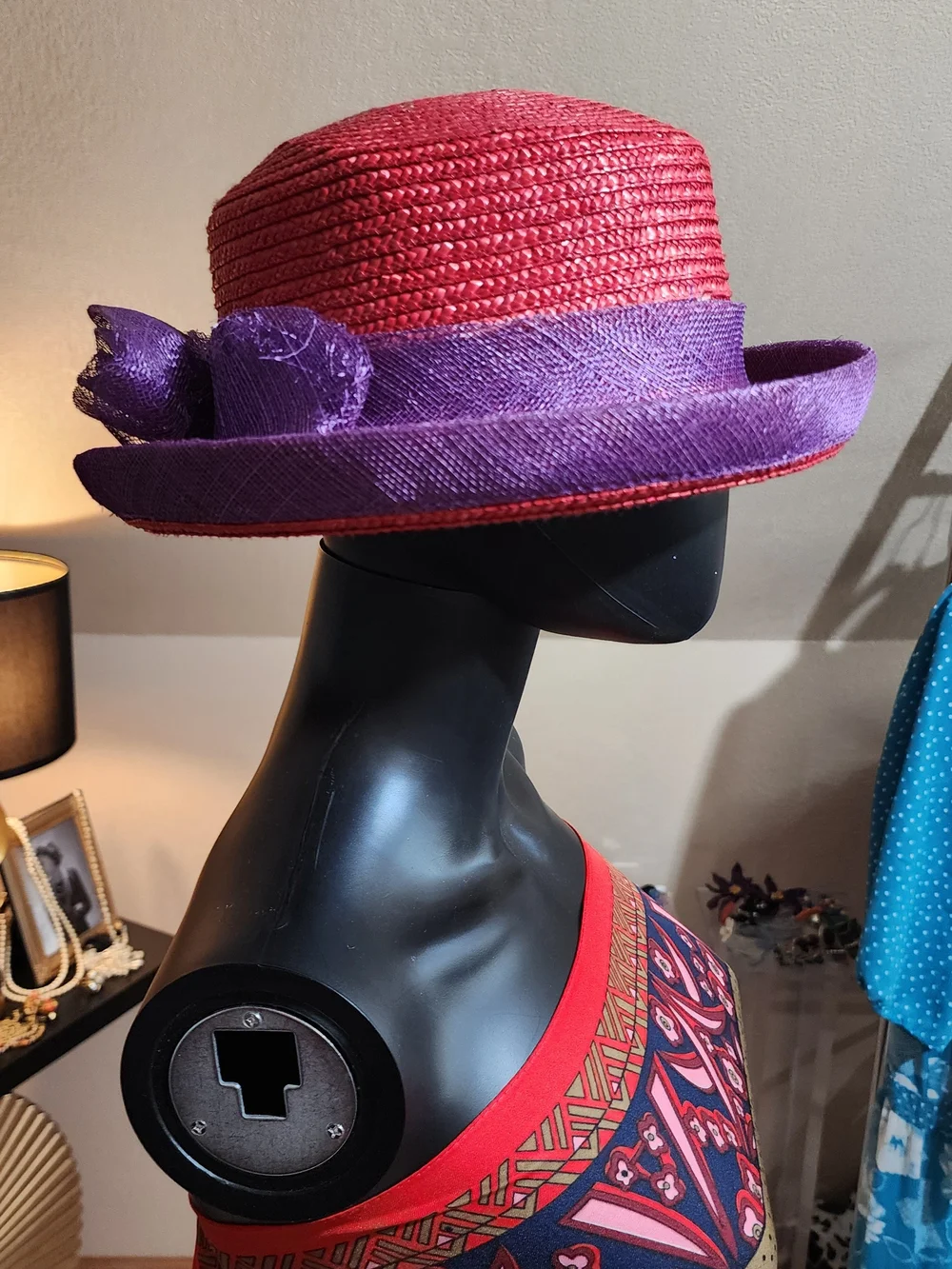 Vintage Red Straw Hat with Purple Rosette and Brim